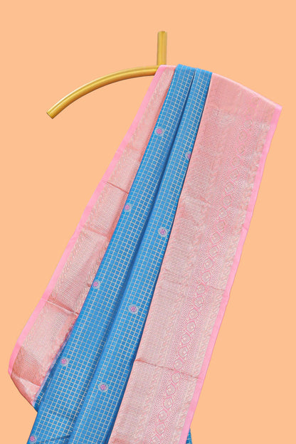 Blue checked zari butta semi soft silk saree with contrast border and floral design pallu