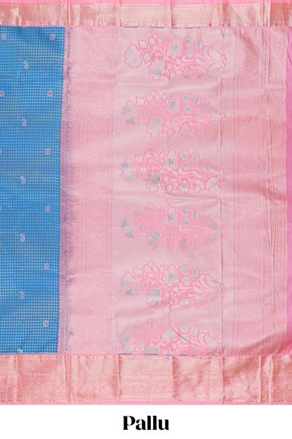 Blue checked zari butta semi soft silk saree with contrast border and floral design pallu