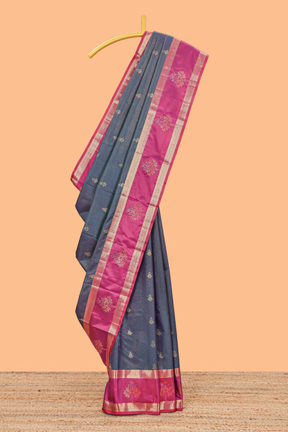 Grey zari butta design semi soft silk saree with contrast bentex border and pallu