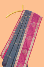 Grey zari butta design semi soft silk saree with contrast bentex border and pallu