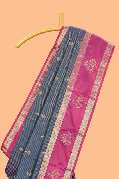 Grey zari butta design semi soft silk saree with contrast bentex border and pallu