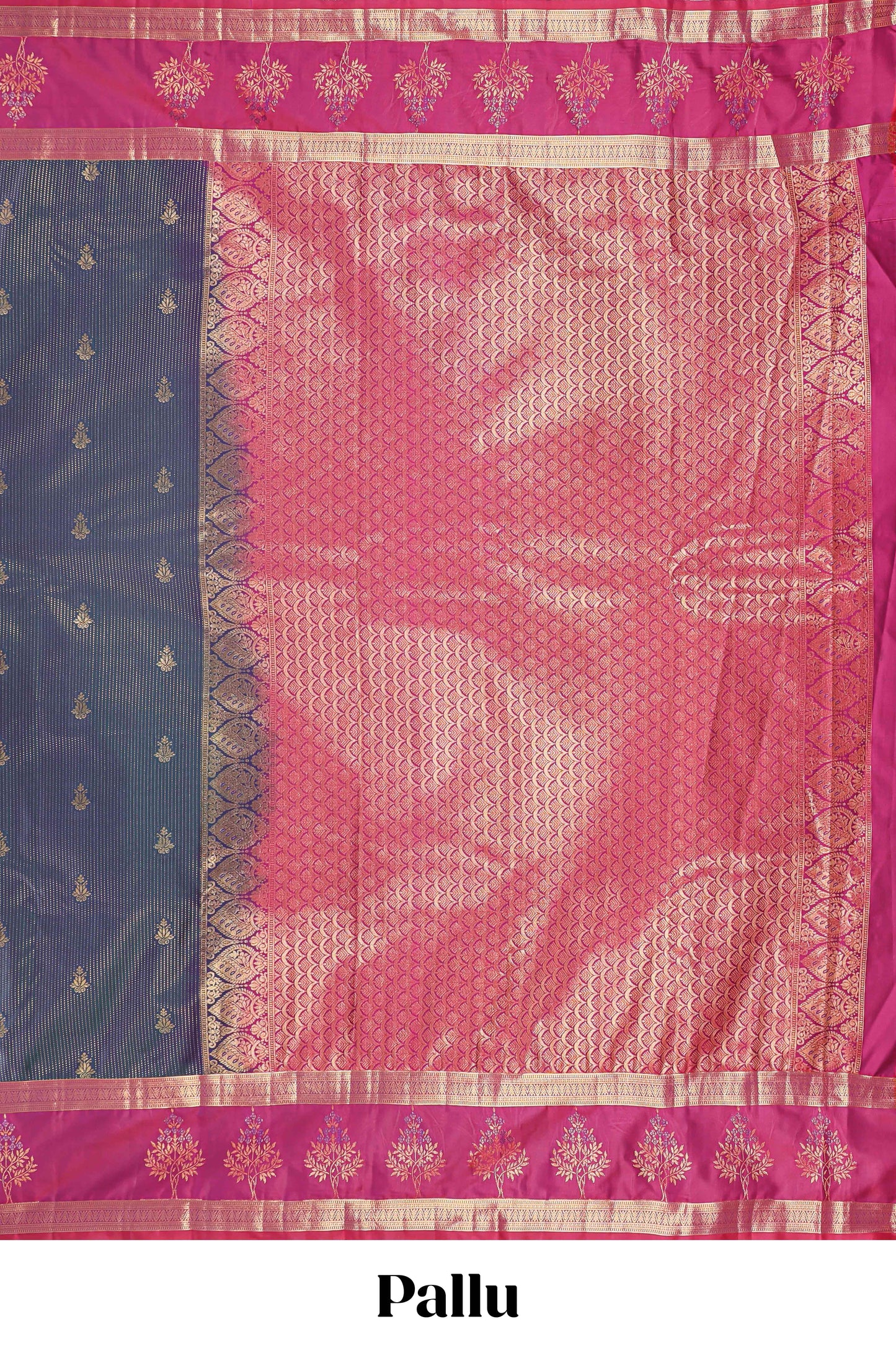 Grey zari butta design semi soft silk saree with contrast bentex border and pallu