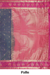 Grey zari butta design semi soft silk saree with contrast bentex border and pallu