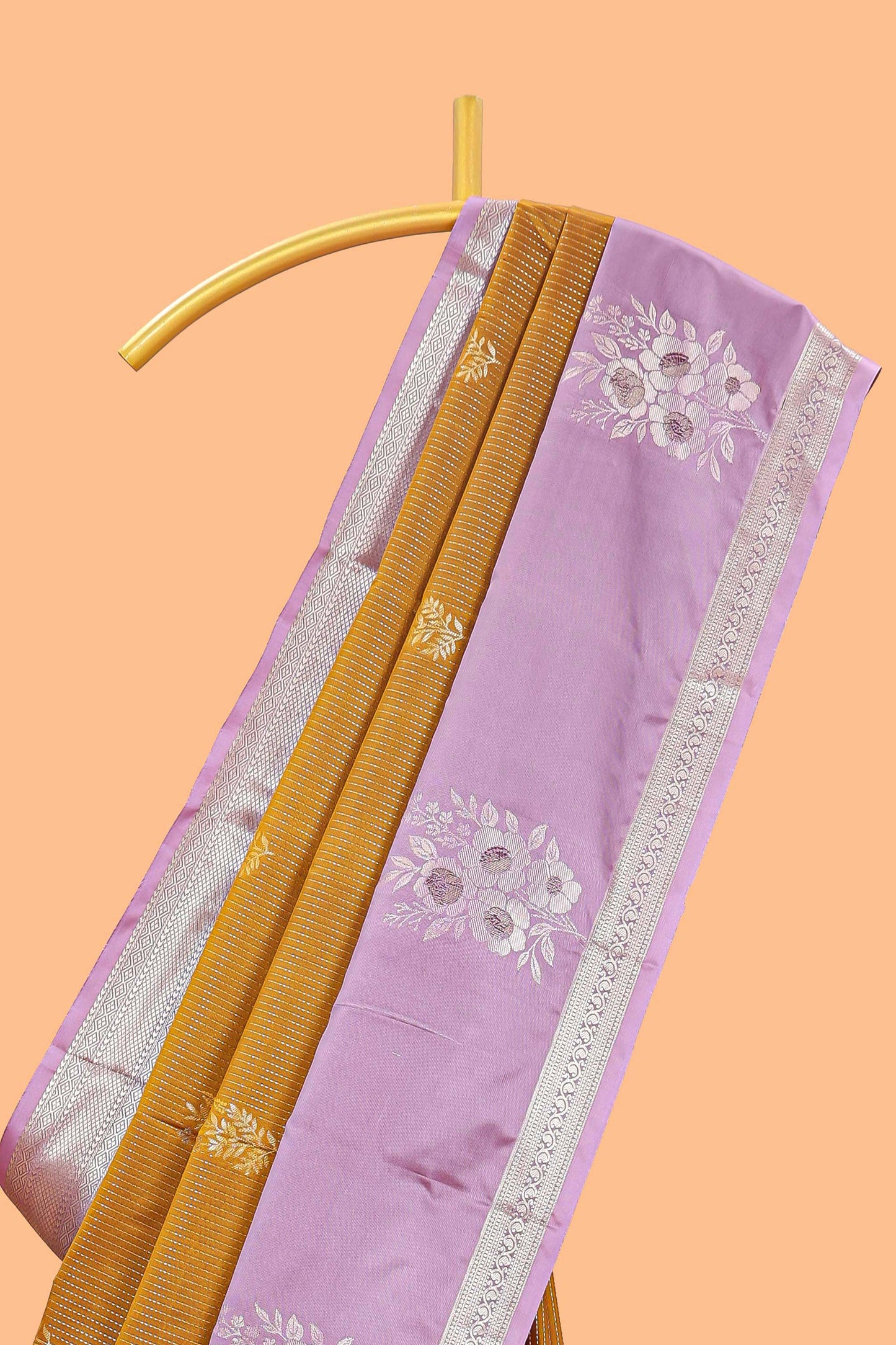 Mustard floral zari design semi soft silk saree with contrast bentex border and pallu