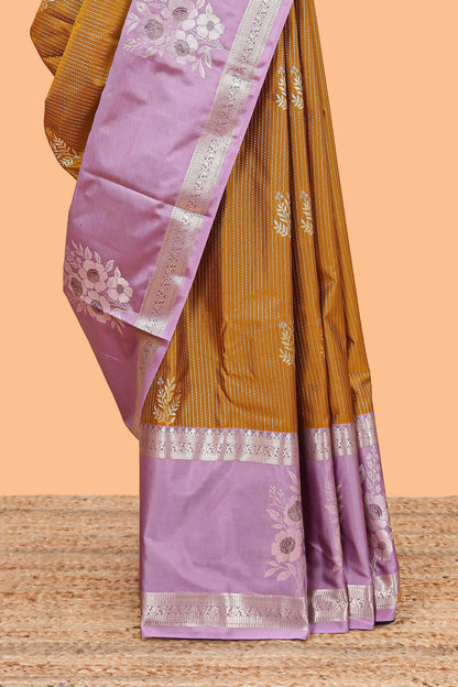 Mustard floral zari design semi soft silk saree with contrast bentex border and pallu