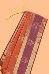 Bright orange striped zari motifs semi soft silk saree with contrast bentex border and pallu