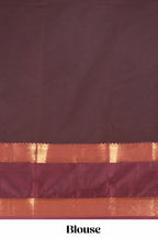 Bright orange striped zari motifs semi soft silk saree with contrast bentex border and pallu