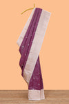 Jam purple checked zari motifs semi soft silk saree with contrast border and floral design pallu