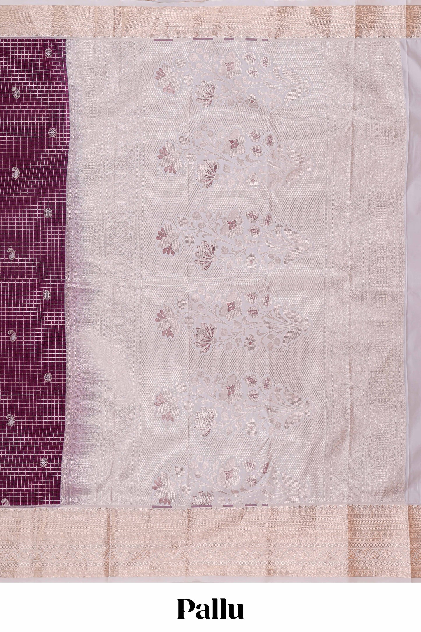 Jam purple checked zari motifs semi soft silk saree with contrast border and floral design pallu