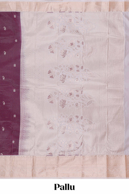 Jam purple checked zari motifs semi soft silk saree with contrast border and floral design pallu