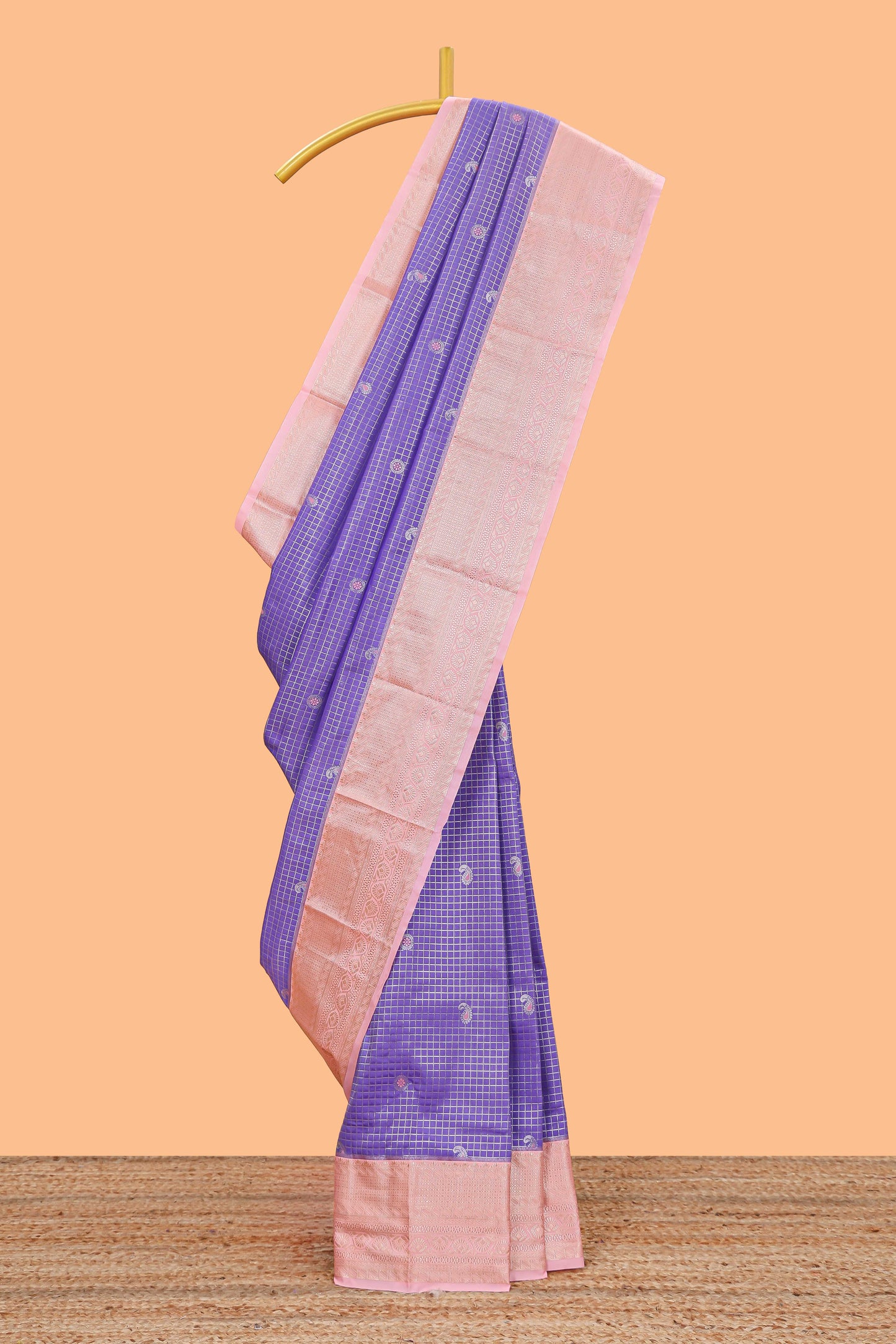 Lavender checked zari motifs semi soft silk saree with contrast border and floral design pallu