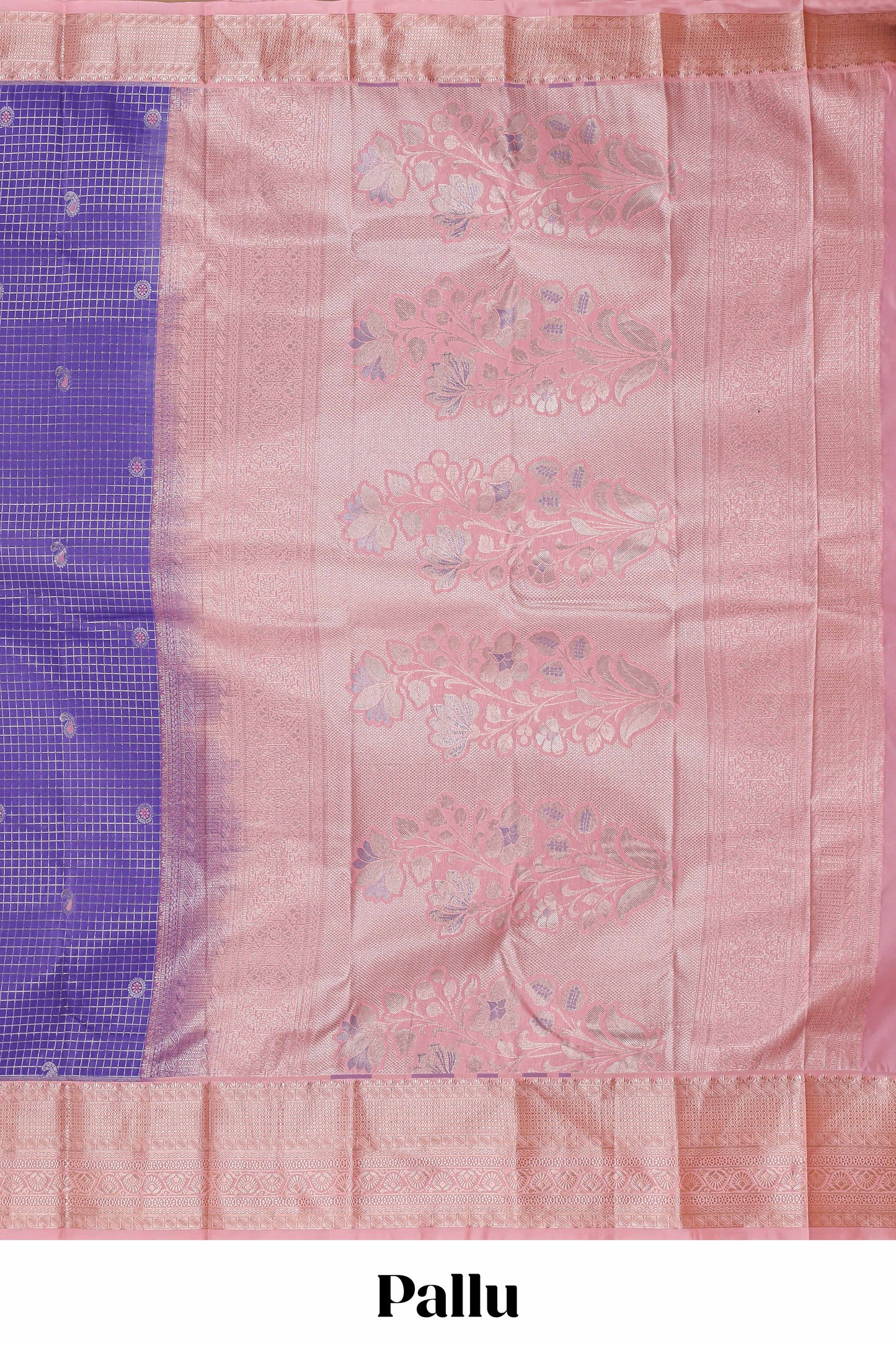Lavender checked zari motifs semi soft silk saree with contrast border and floral design pallu