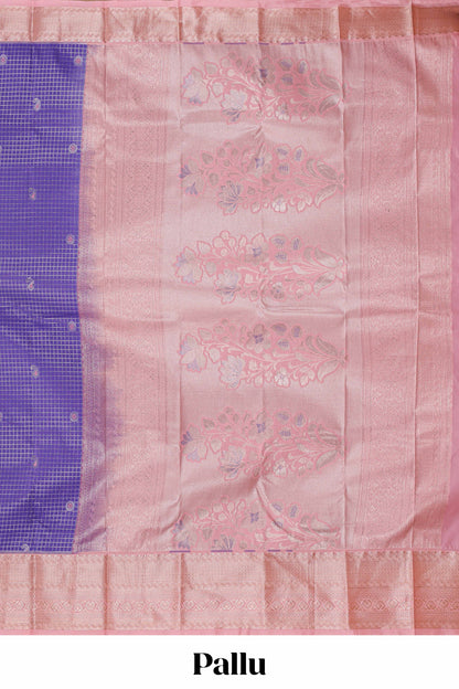 Lavender checked zari motifs semi soft silk saree with contrast border and floral design pallu