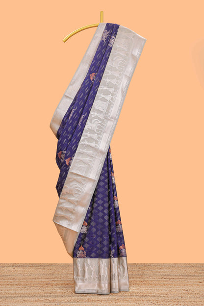 Blue geometric design birds zari motifs  semi soft silk saree with contrast border and floral design pallu