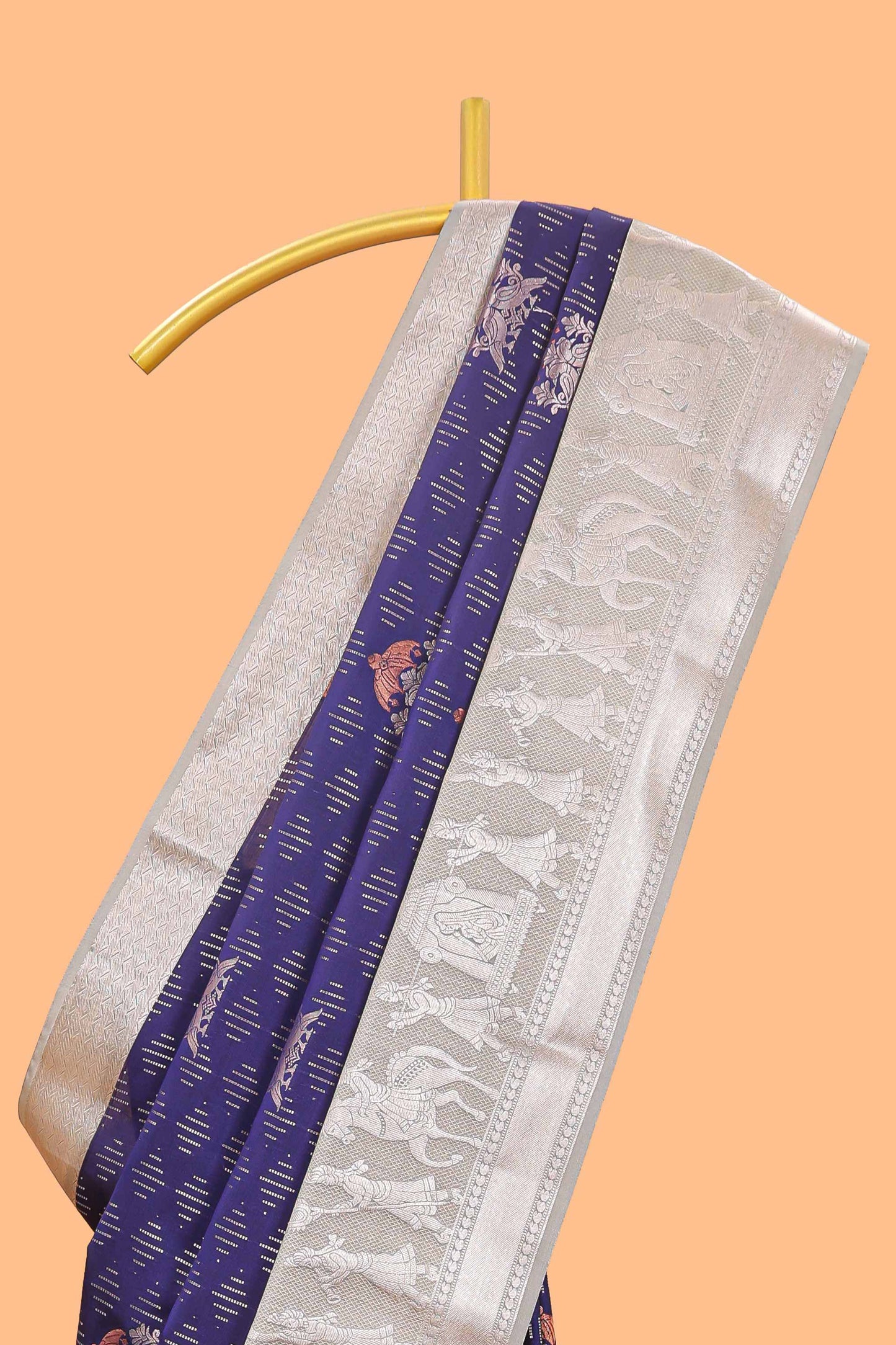 Blue geometric design birds zari motifs  semi soft silk saree with contrast border and floral design pallu