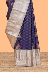 Blue geometric design birds zari motifssemi soft silk saree with contrast border and floral design pallu