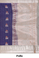 Blue geometric design birds zari motifssemi soft silk saree with contrast border and floral design pallu
