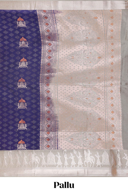 Blue geometric design birds zari motifs  semi soft silk saree with contrast border and floral design pallu