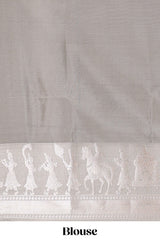 Blue geometric design birds zari motifssemi soft silk saree with contrast border and floral design pallu