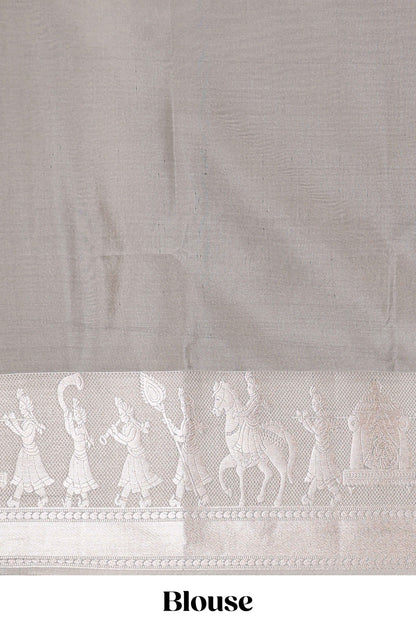 Blue geometric design birds zari motifs  semi soft silk saree with contrast border and floral design pallu