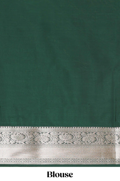 Green checked zari buttas semi soft silk saree with contrast zari border and floral design pallu