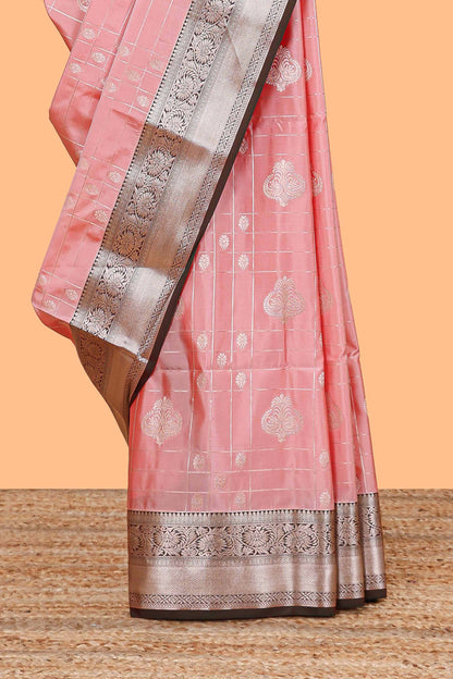 Pink checked zari buttas semi soft silk saree with contrast zari border and floral design pallu