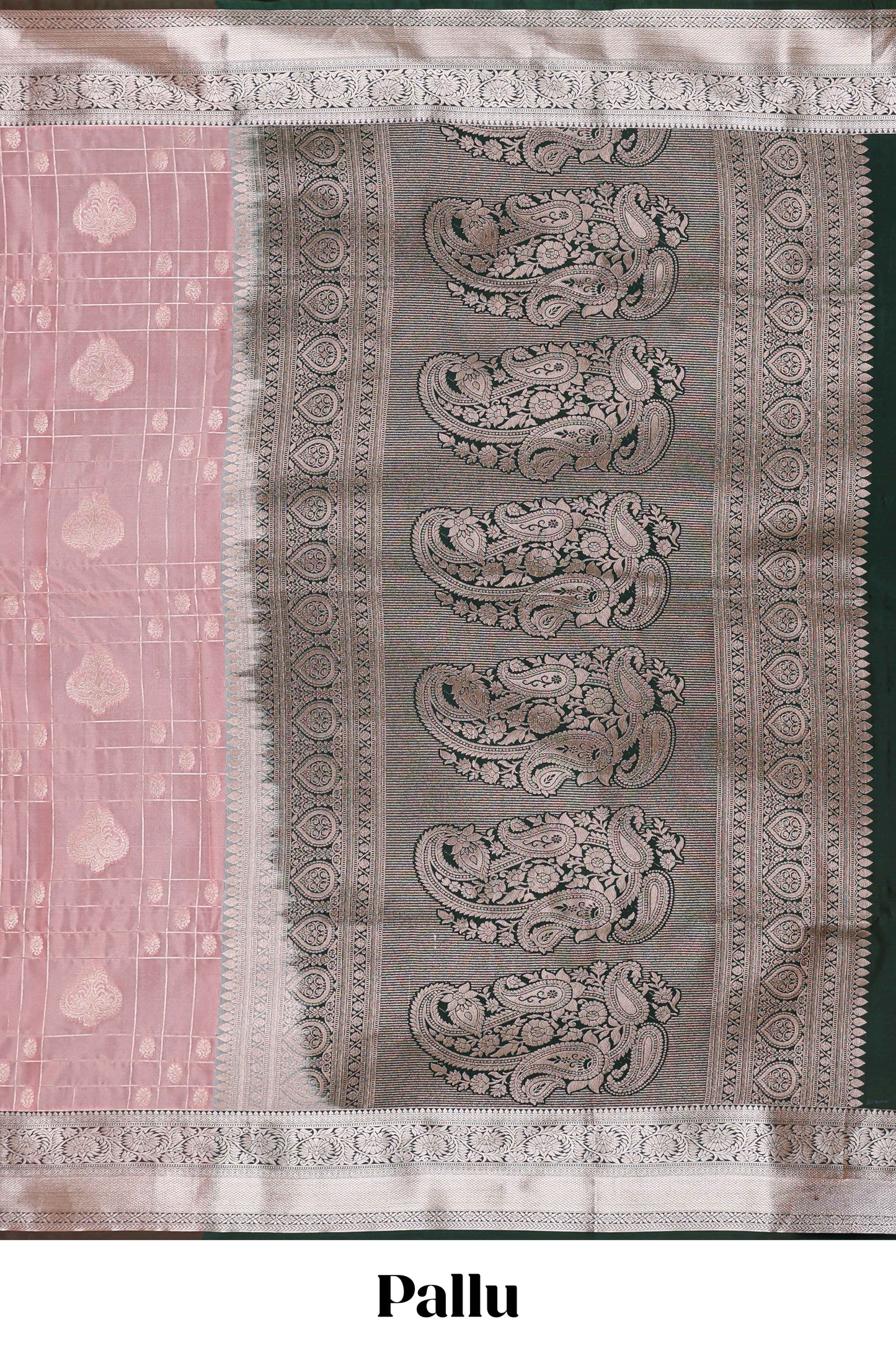 Pink checked zari buttas semi soft silk saree with contrast zari border and floral design pallu
