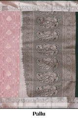 Pink checked zari buttas semi soft silk saree with contrast zari border and floral design pallu