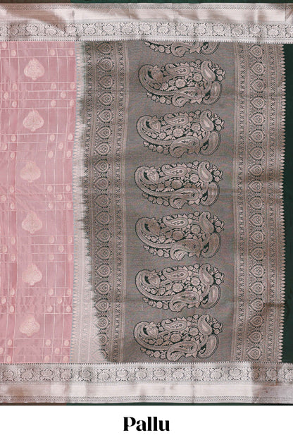 Pink checked zari buttas semi soft silk saree with contrast zari border and floral design pallu
