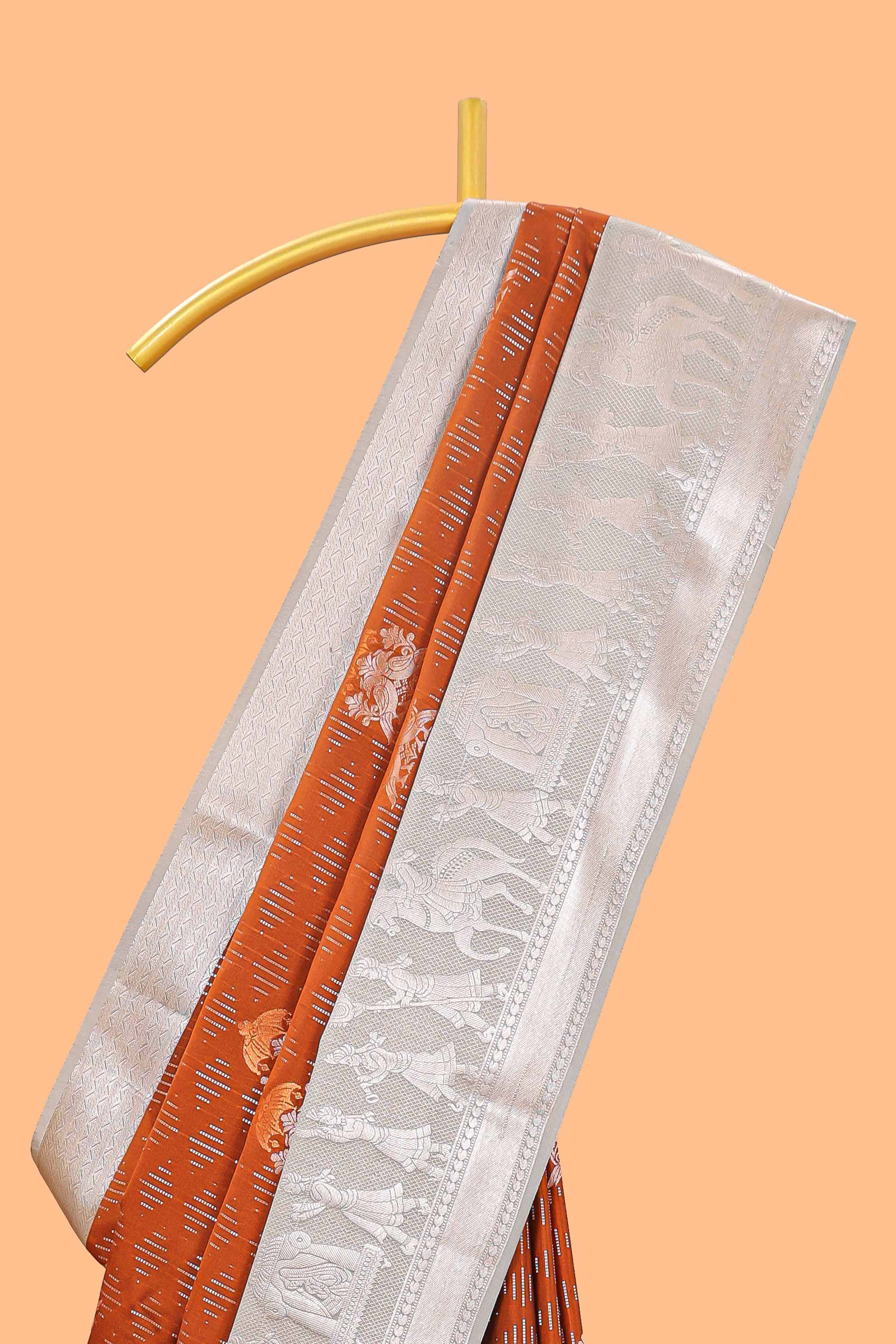 Orange geometric design birds zari motifssemi soft silk saree with contrast border and floral design pallu