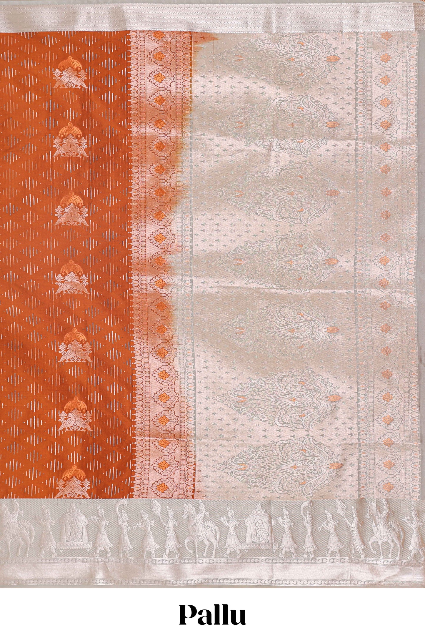 Orange geometric design birds zari motifs  semi soft silk saree with contrast border and floral design pallu