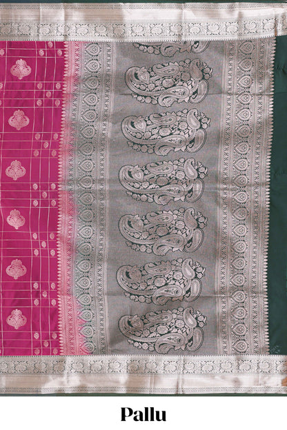 Rani pink checked zari buttas semi soft silk saree with contrast zari border and floral design pallu