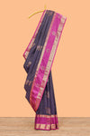 Dark blue striped zari motifs semi soft silk saree with contrast bentex border and pallu