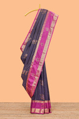 Dark blue striped zari motifs semi soft silk saree with contrast bentex border and pallu