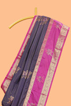Dark blue striped zari motifs semi soft silk saree with contrast bentex border and pallu