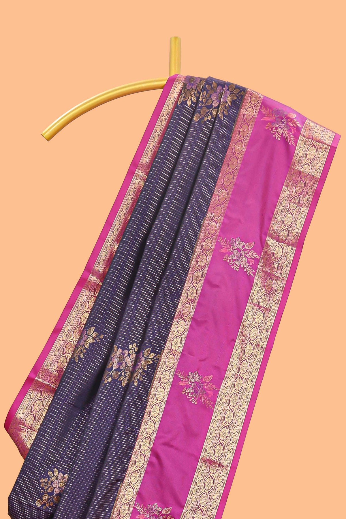 Dark blue striped zari motifs semi soft silk saree with contrast bentex border and pallu