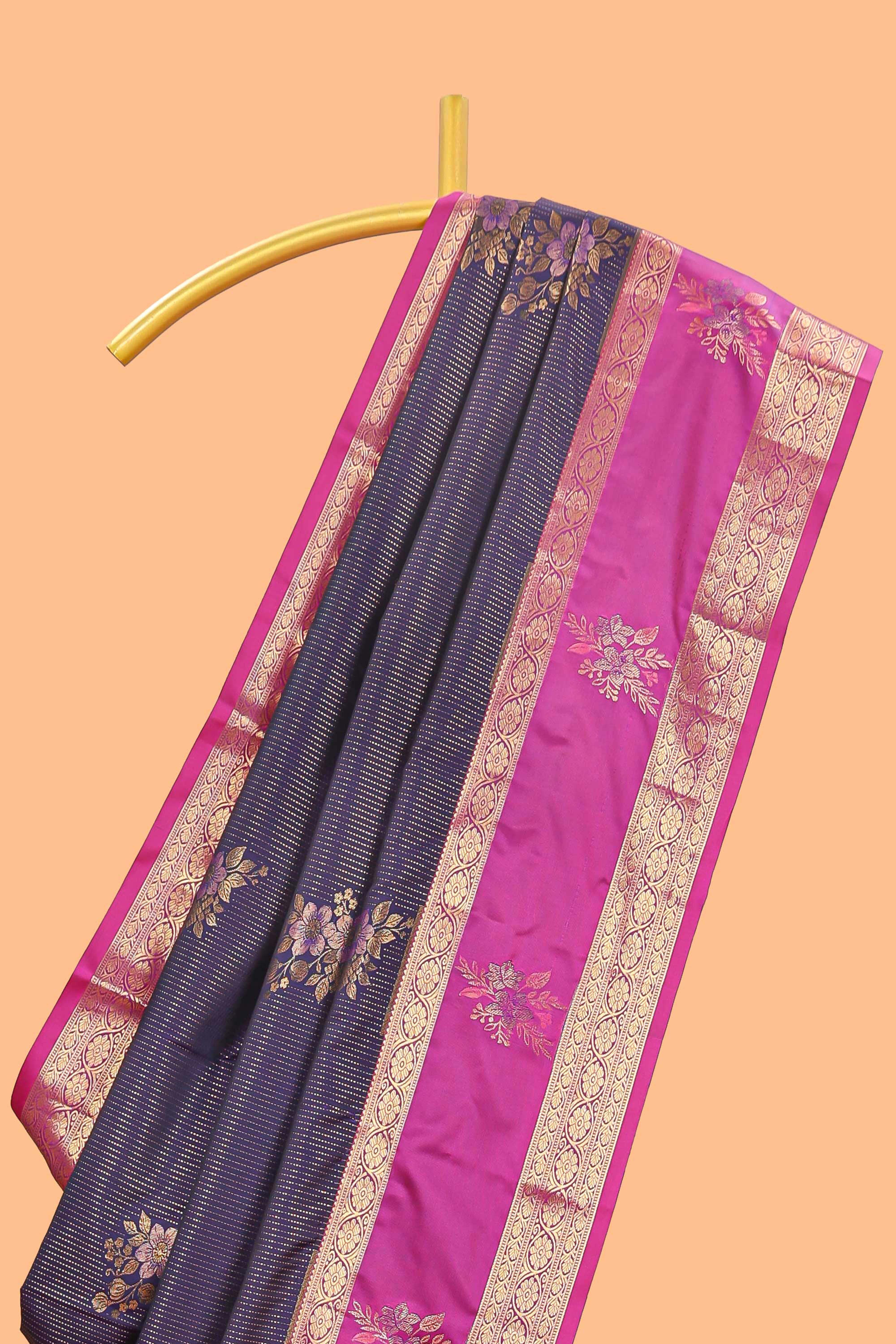 Dark blue striped zari motifs semi soft silk saree with contrast bentex border and pallu