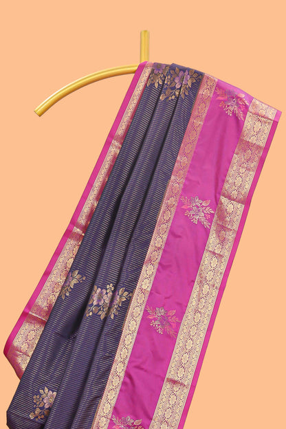 Dark blue striped zari motifs semi soft silk saree with contrast bentex border and pallu