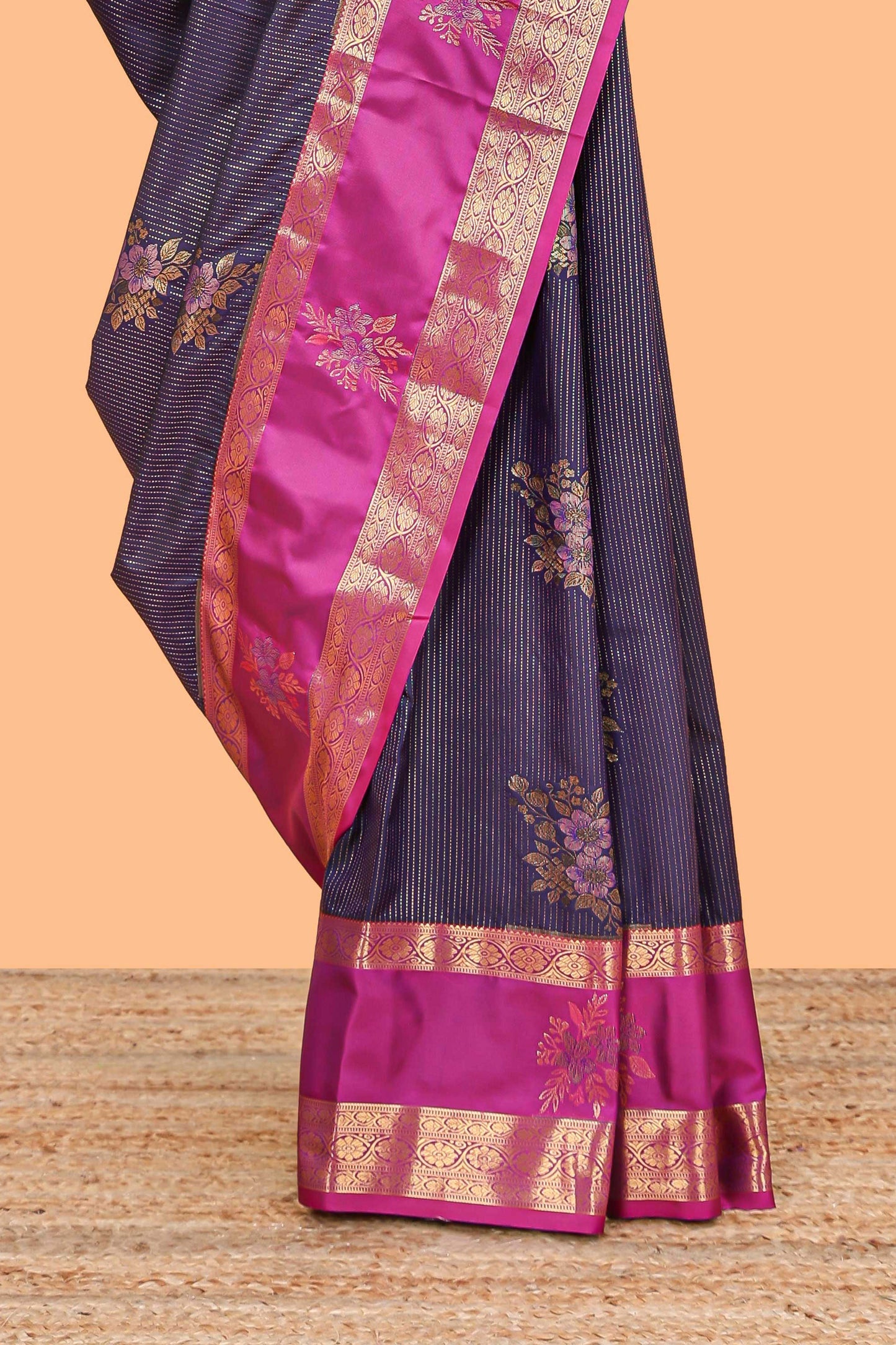 Dark blue striped zari motifs semi soft silk saree with contrast bentex border and pallu