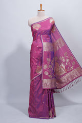 Magenta & purple dual tone floral zari motifs design semi soft silk saree with self border and matching blouse