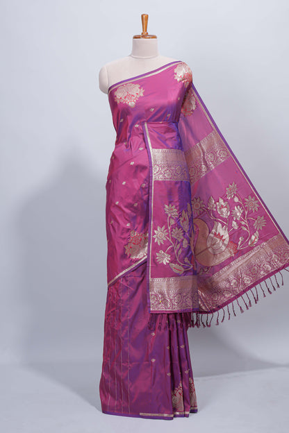 Magenta & purple dual tone floral zari motifs design semi soft silk saree with self border and matching blouse