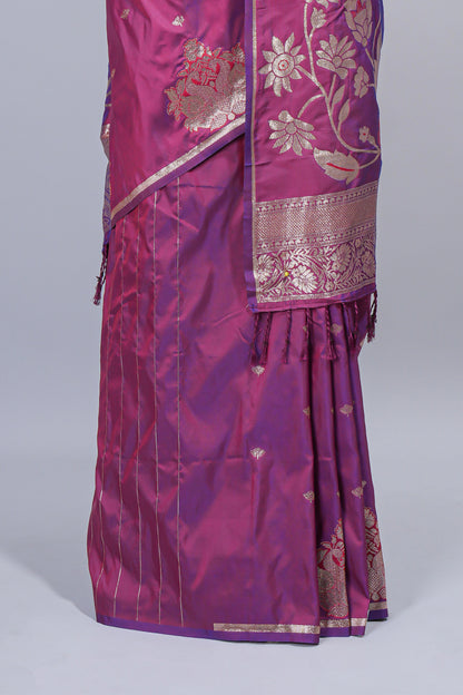 Magenta & purple dual tone floral zari motifs design semi soft silk saree with self border and matching blouse