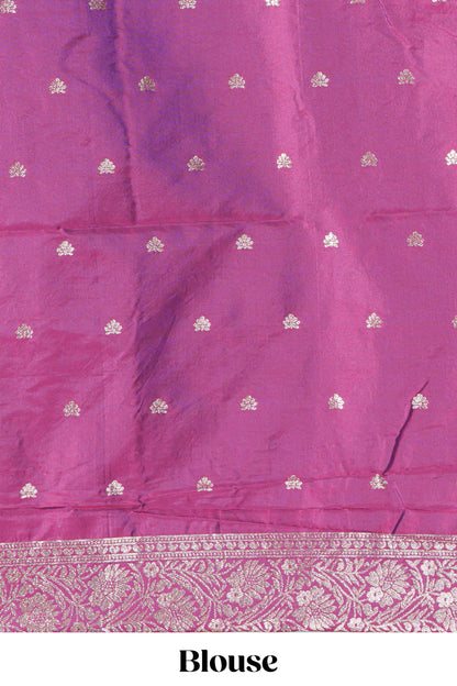 Magenta & purple dual tone floral zari motifs design semi soft silk saree with self border and matching blouse