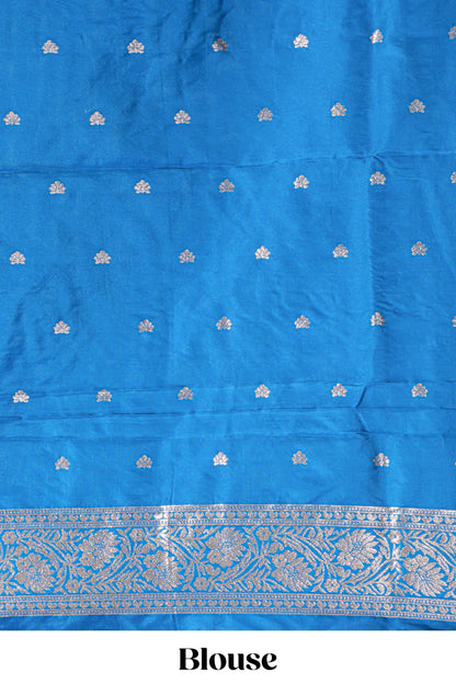 Blue floral zari motifs design semi soft silk saree with self border and matching blouse