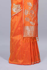 Orange floral zari motifs design semi soft silk saree with self border and matching blouse