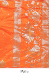 Orange colour Semi soft silk withgold zari floral motifs border with peacock motifs and matching blouse