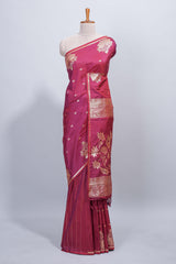 Intense hot pink floral zari motifs design semi soft silk saree with self border and matching blouse