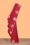 Red colour Semi soft silk withgold zari floral motifs border with peacock motifs and matching blouse