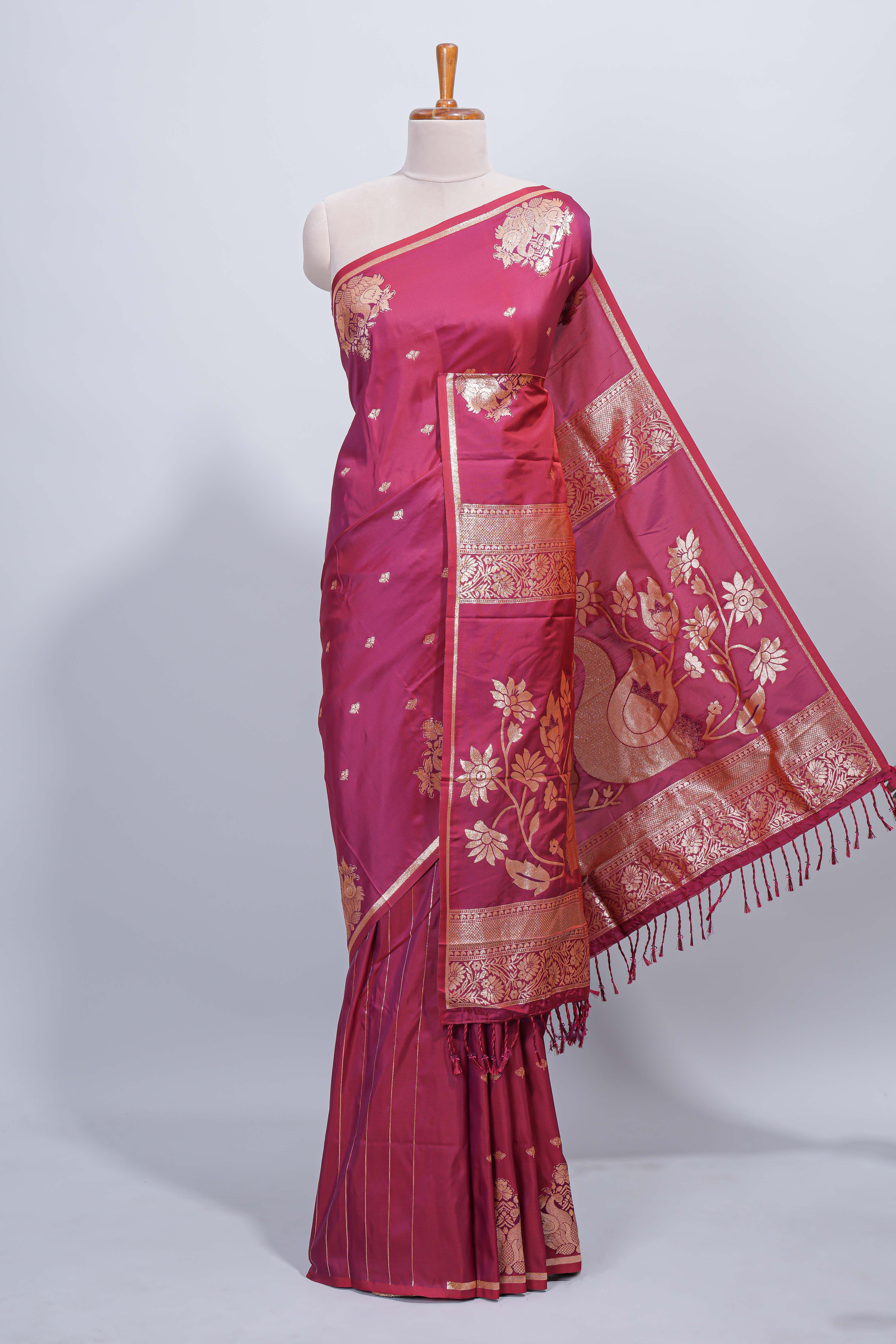 Intense hot pink floral zari motifs design semi soft silk saree with self border and matching blouse