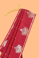 Red colour Semi soft silk withgold zari floral motifs border with peacock motifs and matching blouse